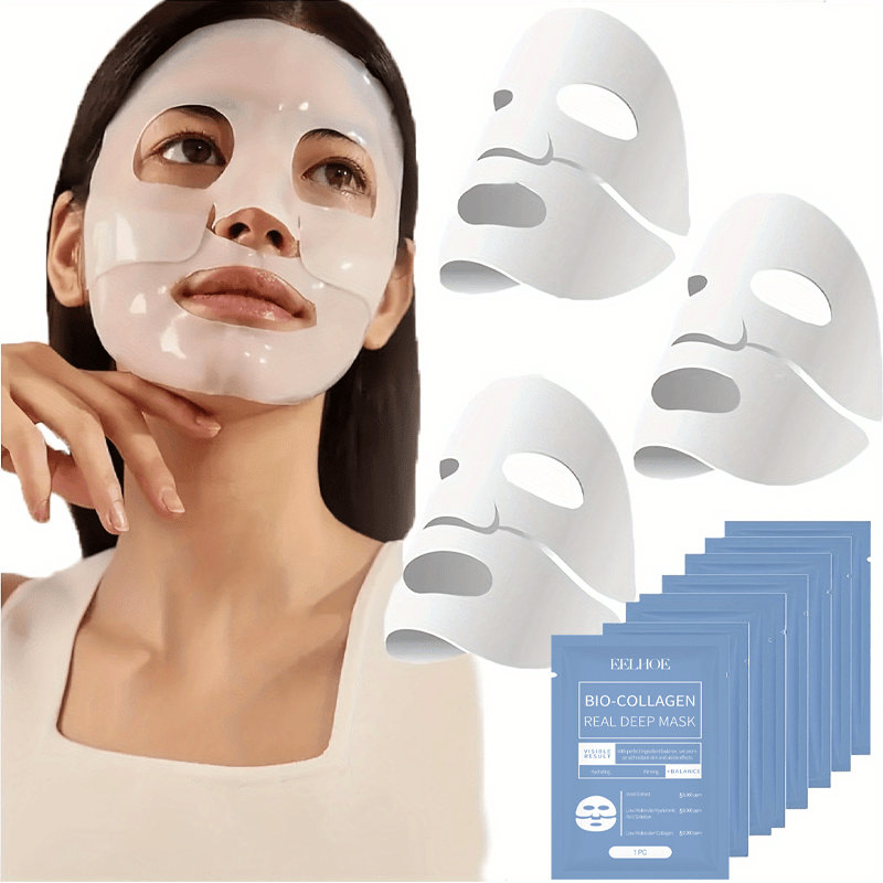 20pcs Bio-Collagen Real Deep Facial Masks, Unisex Adult Moisturizing Skincare, Full-Face Split Sheet Masks, Sleep Mask for Hydration, with Hyaluronic Acid & Nicotinamide, Soothing, Unscented, Alcohol-Free, with Suitable for A